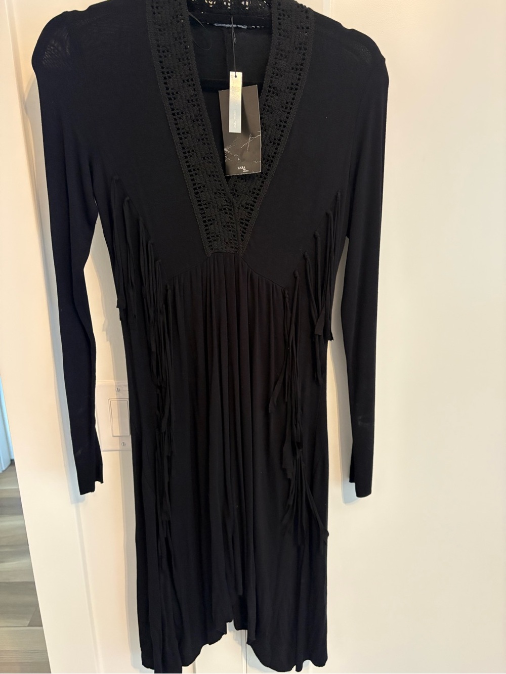 Zara Black Long-Sleeve Fringe V-Neck Women's Dress